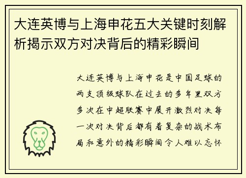大连英博与上海申花五大关键时刻解析揭示双方对决背后的精彩瞬间