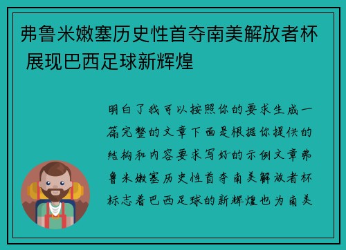 弗鲁米嫩塞历史性首夺南美解放者杯 展现巴西足球新辉煌